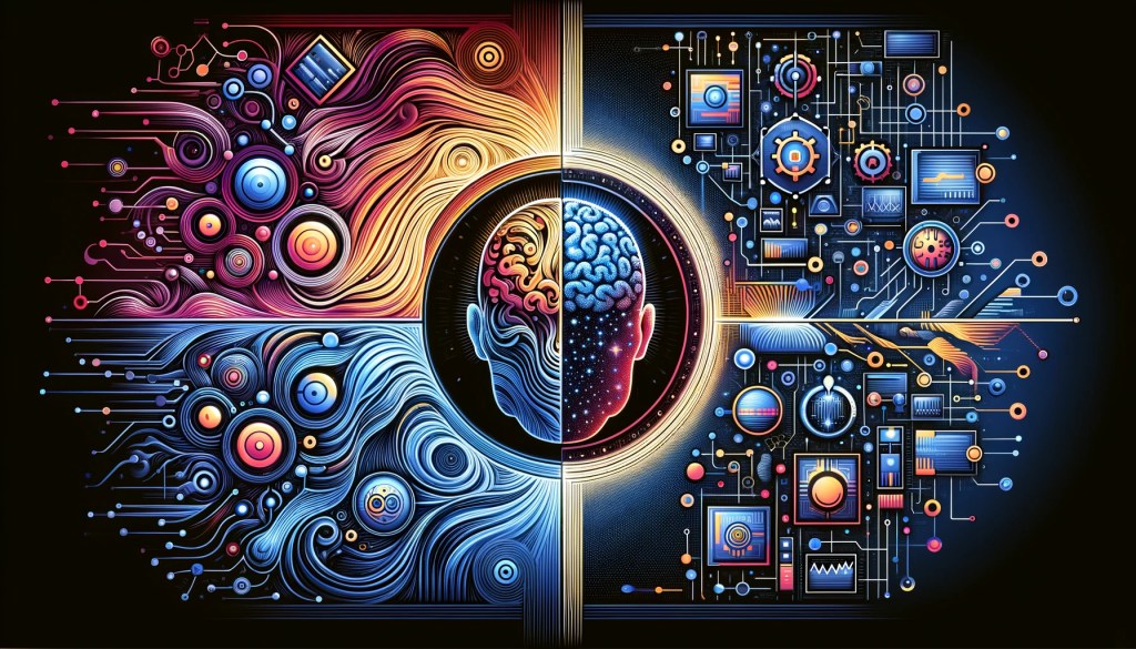 Distinct visuals contrasting AI's expansive realm with ML's data-driven specifics, highlighting their roles in Stable Diffusion technology